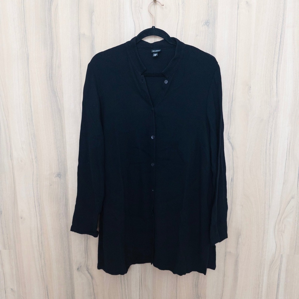 Eileen Fisher Womens Waffle Knit Tunic Top M Black Button Down Minimalist Chic